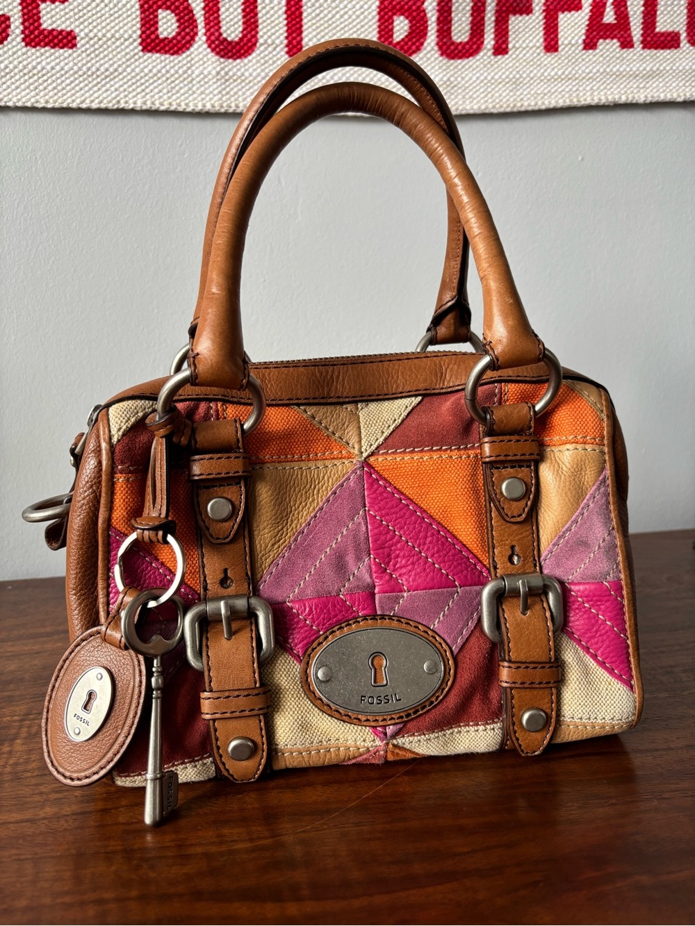 Fossil 00’s Leather Suede Canvas Patchwork Satchel Top Handle Bag Key Charm